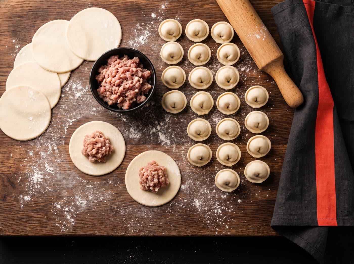 Pelmeni and rounds of dough on a wooden board